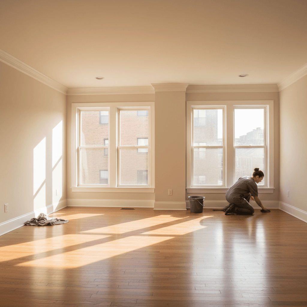 Empty residential space being prepared with professional cleaning