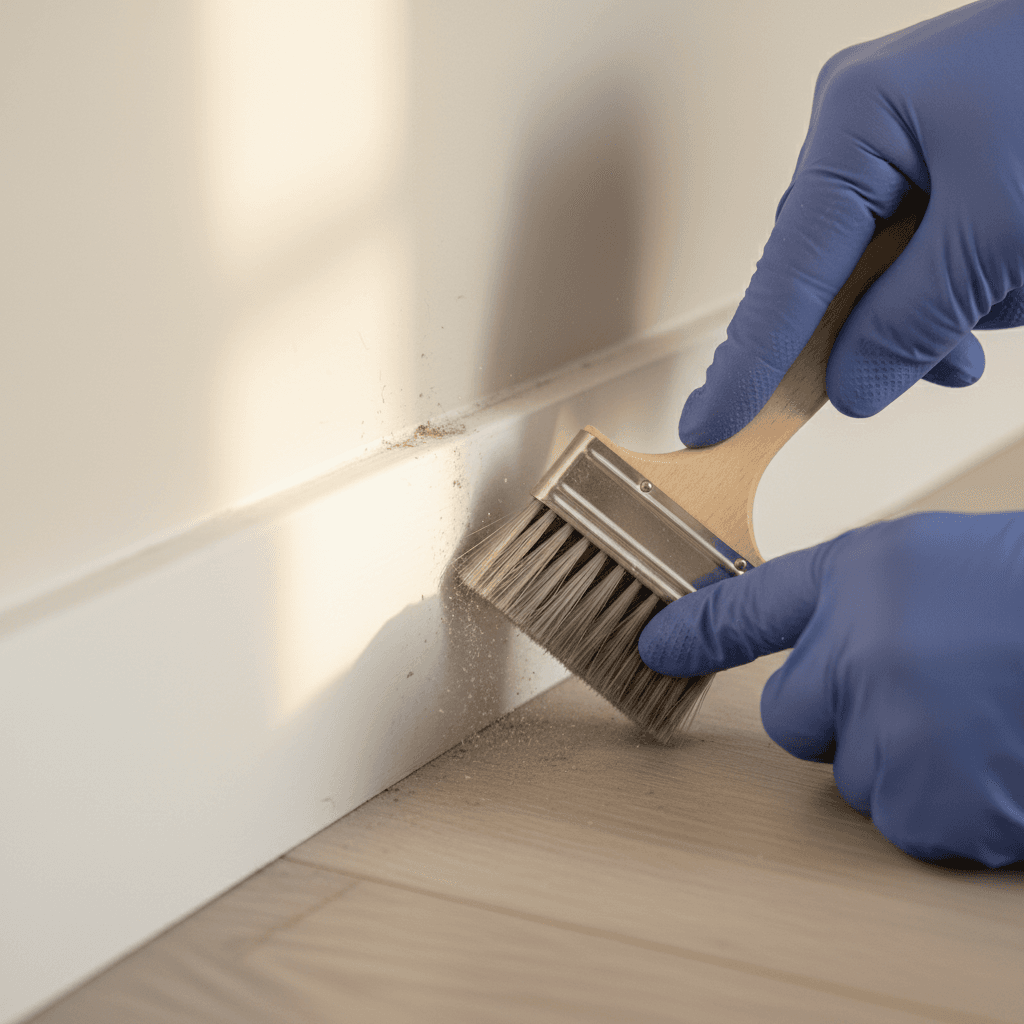 Detailed close-up of deep cleaning baseboards and corners