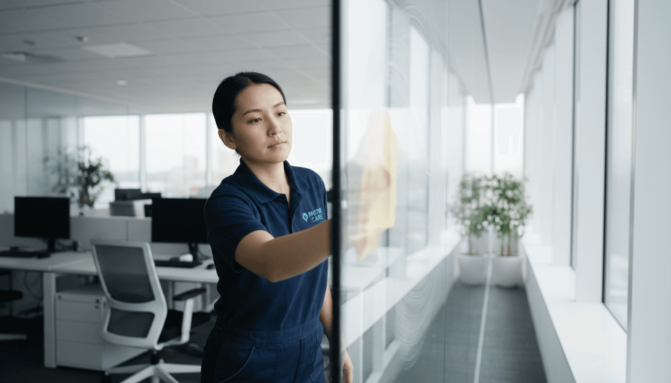 Professional cleaner carefully maintaining office glass surfaces with precision