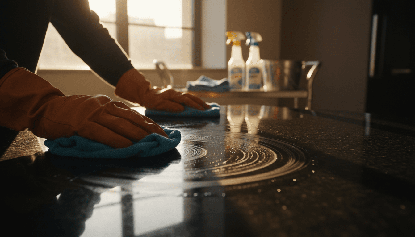 Close-up of professional cleaner wiping down commercial countertop with precision