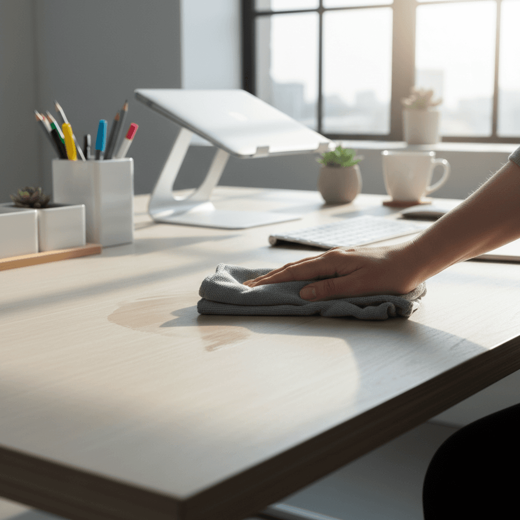 Office desk being cleaned with microfiber cloth