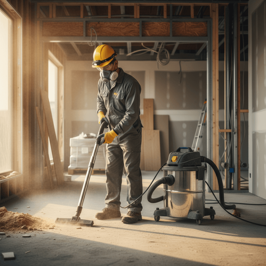 Construction site being cleaned with commercial vacuum equipment