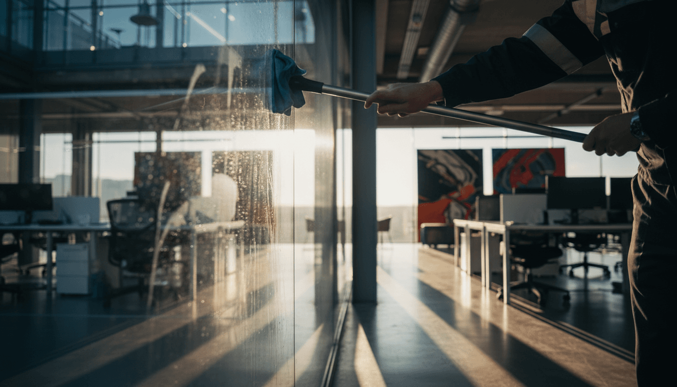 Professional cleaner polishing a commercial office window with precision
