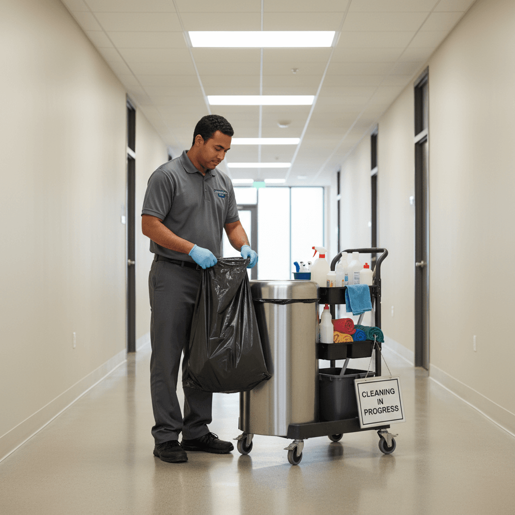 Janitorial team member maintaining common area cleanliness