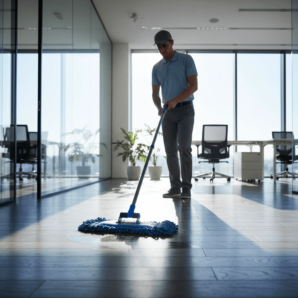 Professional cleaning technician mopping commercial office floor